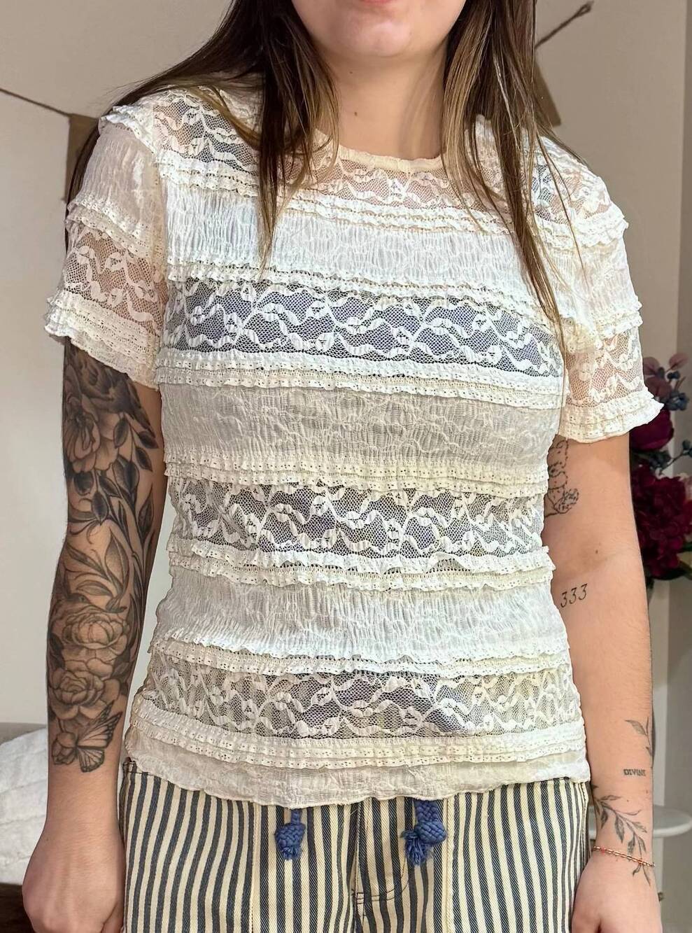 NEW ANNIEWEAR frill lace short sleeve knit top in ivory